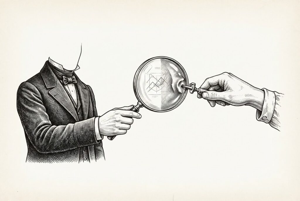A faceless figure in formal attire holds a magnifying glass while another faceless figure - the subject under examination - shapes the lens itself, crafting the instrument of its own scrutiny.