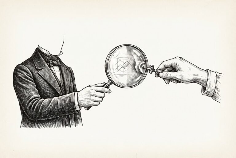 A faceless figure in formal attire holds a magnifying glass while another faceless figure - the subject under examination - shapes the lens itself, crafting the instrument of its own scrutiny.