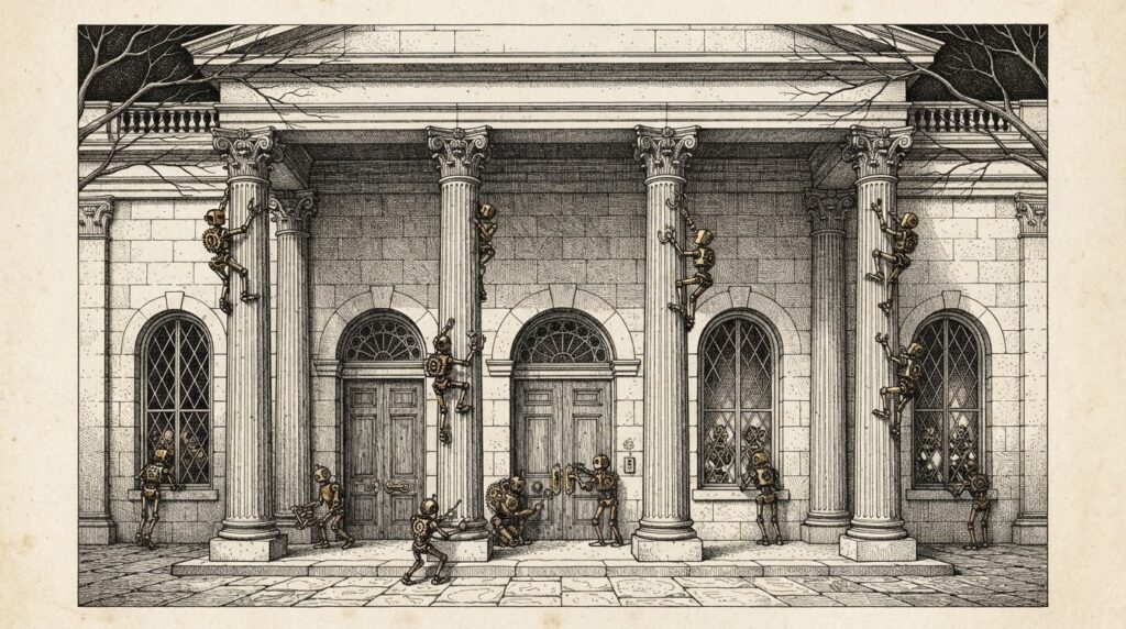 A classical government building facade with small autonomous mechanical figures climbing the walls, testing windows and doors — probing the perimeter without breaking in. Monochrome pen-and-ink engraving.