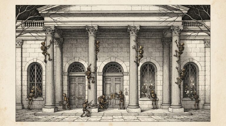 A classical government building facade with small autonomous mechanical figures climbing the walls, testing windows and doors — probing the perimeter without breaking in. Monochrome pen-and-ink engraving.