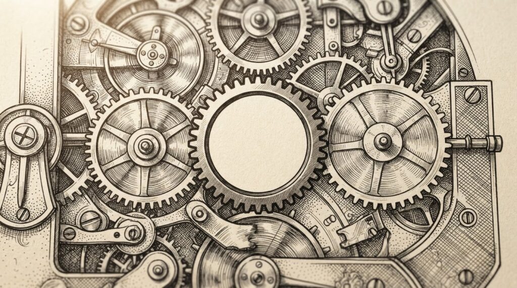 A monochrome pen-and-ink engraving of interlocking mechanical gears with one gear frozen mid-rotation while surrounding gears continue - a stalled mechanism in a working clockwork. Conceptual allegory for OpenAI's training halt while competitors' development continues.