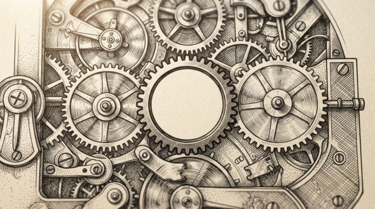 A monochrome pen-and-ink engraving of interlocking mechanical gears with one gear frozen mid-rotation while surrounding gears continue - a stalled mechanism in a working clockwork. Conceptual allegory for OpenAI's training halt while competitors' development continues.