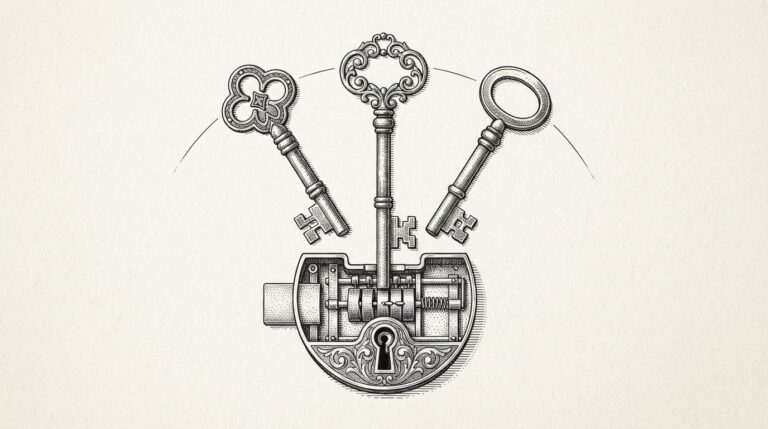 Three ornate skeleton keys arranged in a fan above an open lock mechanism with exposed tumblers — the three backers converging on one open standard