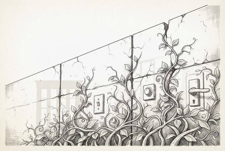 A geometric concrete wall with organic vines forcing through the cracks, carrying small domestic objects - symbolizing open-source intelligence reclaiming the smart home from corporate walled gardens.