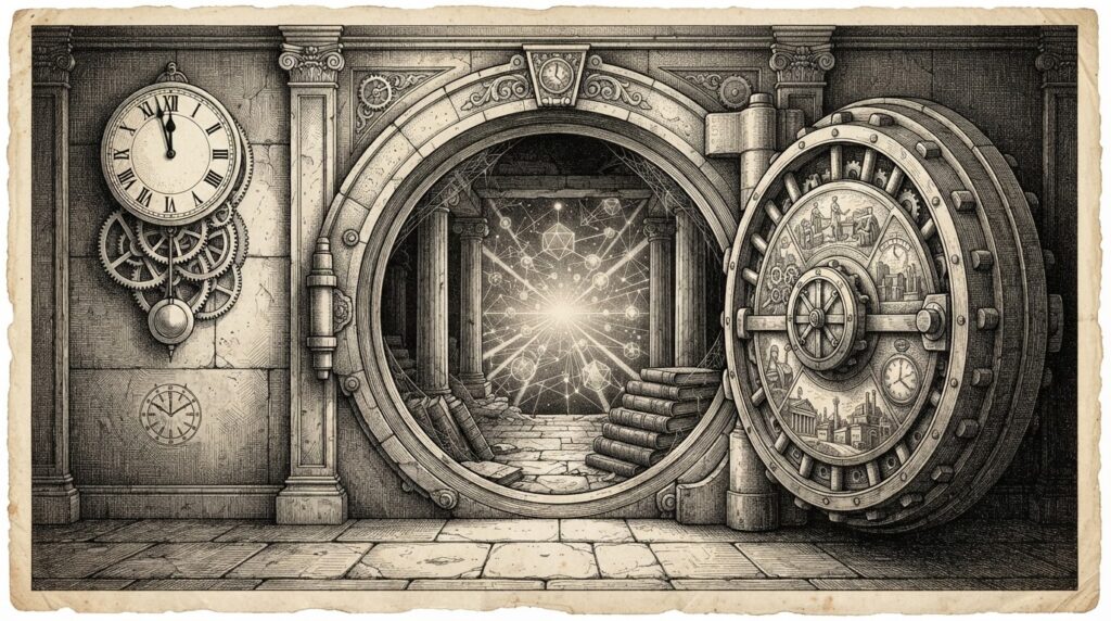A grand stone bank vault door stands open, revealing a glowing digital landscape of blockchain nodes and settlement rails extending into infinity. Inside the vault, traditional banking symbols are rendered obsolete, while a clockwork mechanism representing the 22-hour Fedwire dead zone shows hands frozen at midnight.