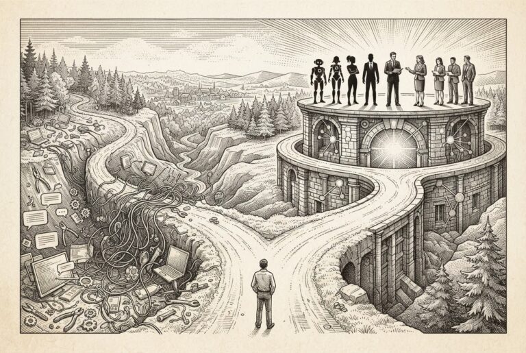 A fork in a road: the left path descends into a chaotic tangle of disconnected miniature tools and tangled wires, while the right path leads to a unified platform structure with five distinct agent silhouettes standing in organized formation alongside human figures — metaphor for Optimizely's bet that the DXP, not standalone tools, is where AI agents belong