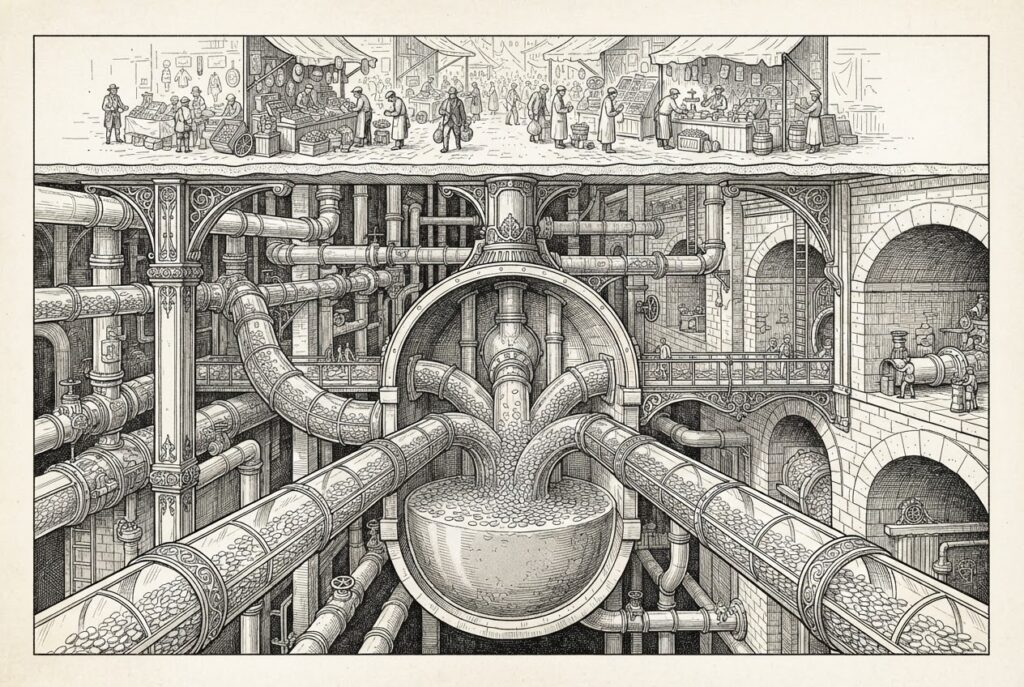 Cross-section view showing a vast underground network of ornate pipes and conduits carrying flowing streams beneath a thin surface layer of trading activity, illustrating that the real value in stablecoins lives in the hidden infrastructure