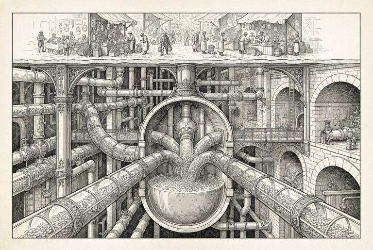 Cross-section view showing a vast underground network of ornate pipes and conduits carrying flowing streams beneath a thin surface layer of trading activity, illustrating that the real value in stablecoins lives in the hidden infrastructure