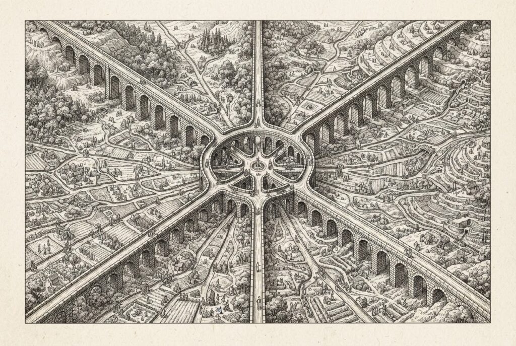 A monochrome pen-and-ink engraving of a radial interchange system viewed from above, with multiple channels converging into a central hub and fanning outward - a pass-through distribution model. Small faceless figures inhabit the surrounding landscape.