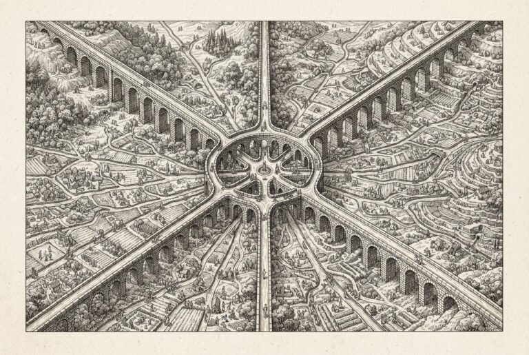 A monochrome pen-and-ink engraving of a radial interchange system viewed from above, with multiple channels converging into a central hub and fanning outward - a pass-through distribution model. Small faceless figures inhabit the surrounding landscape.