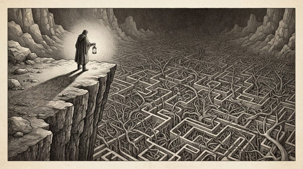 Monochrome engraving of a solitary figure holding a lantern at the edge of a vast abyss filled with tangled recursive pathways, contemplating the complexity of AI alignment