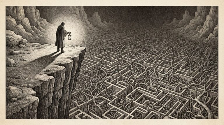 Monochrome engraving of a solitary figure holding a lantern at the edge of a vast abyss filled with tangled recursive pathways, contemplating the complexity of AI alignment