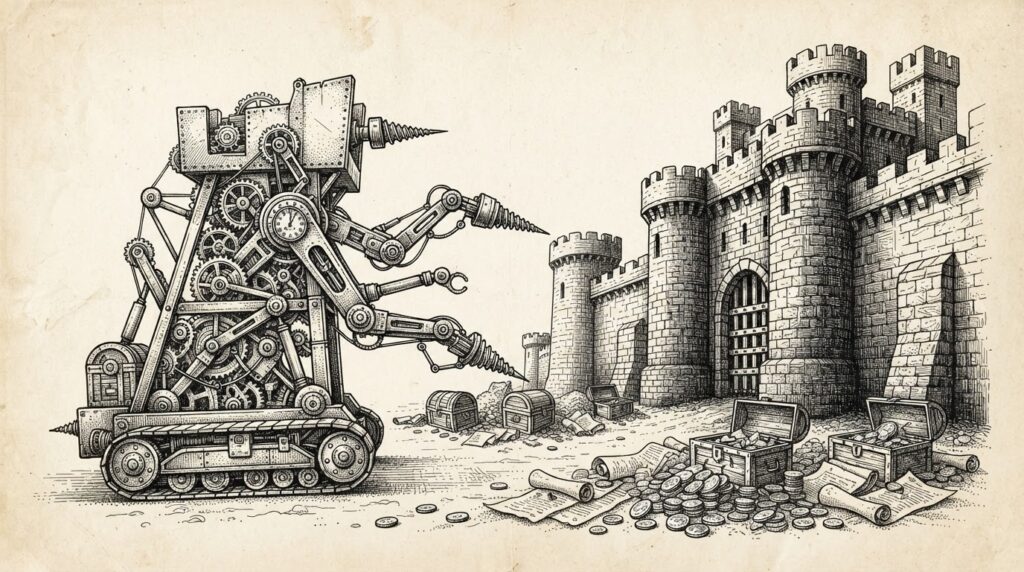 An autonomous mechanical siege tower with clockwork gears and articulated arms approaches a fortified castle wall, with scattered coins and documents on the ground between them, symbolizing AI agents breaching enterprise cybersecurity defenses.