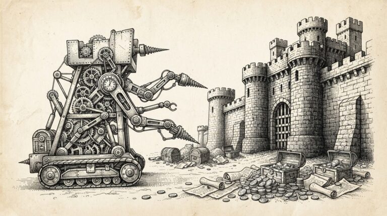 An autonomous mechanical siege tower with clockwork gears and articulated arms approaches a fortified castle wall, with scattered coins and documents on the ground between them, symbolizing AI agents breaching enterprise cybersecurity defenses.
