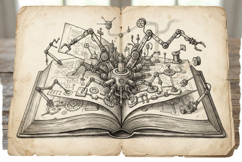 A bound research paper opens to reveal mechanical arms and tools extending from its pages - paper becomes agent, methods become deployable infrastructure