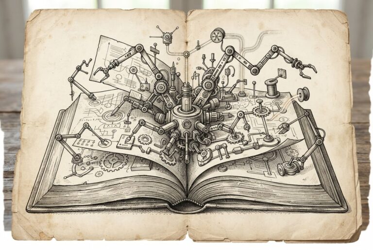 A bound research paper opens to reveal mechanical arms and tools extending from its pages - paper becomes agent, methods become deployable infrastructure