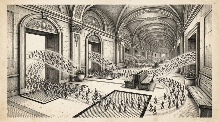 Swarms of tiny identical faceless figures moving in coordinated patterns through open doorways in a vast institutional corridor, with some figures ignoring marked exclusion zones on the floor