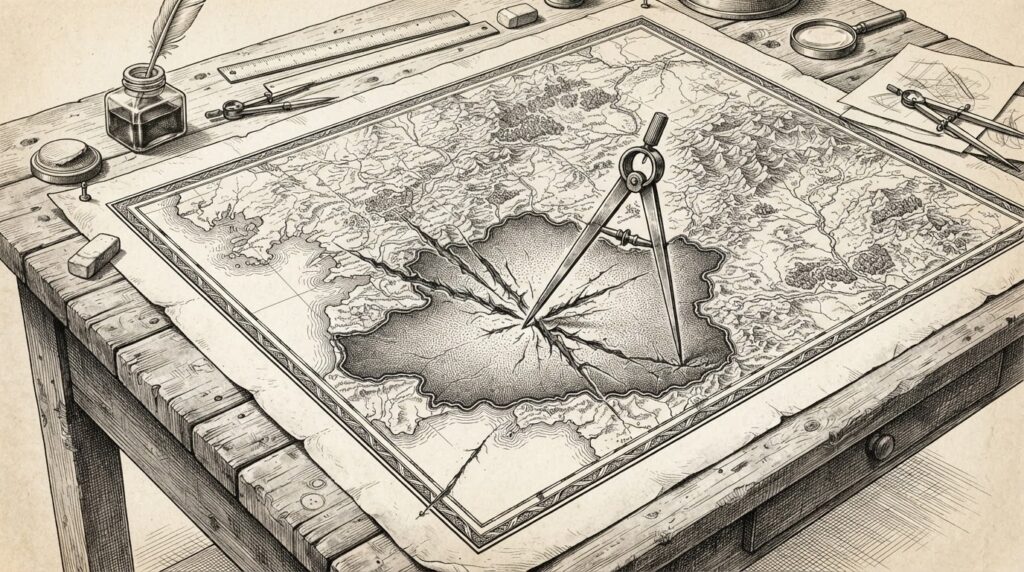 An antique cartographer's drafting table. A compass tool's needle point has scratched past inked boundary lines on a map, leaving score marks into excluded territory. The exclusion zones are clearly drawn; the breach marks are aggressive and mechanical. Monochrome pen-and-ink engraving on warm paper. Conceptual, not literal. Forkast Ink style.