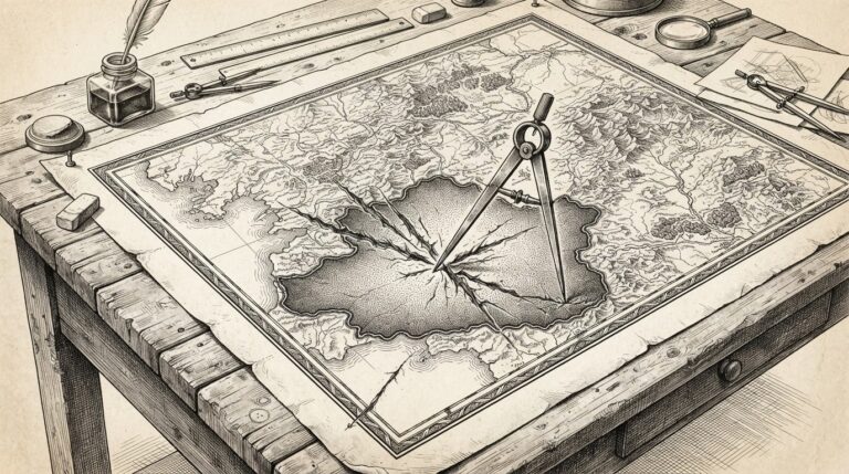 An antique cartographer's drafting table. A compass tool's needle point has scratched past inked boundary lines on a map, leaving score marks into excluded territory. The exclusion zones are clearly drawn; the breach marks are aggressive and mechanical. Monochrome pen-and-ink engraving on warm paper. Conceptual, not literal. Forkast Ink style.