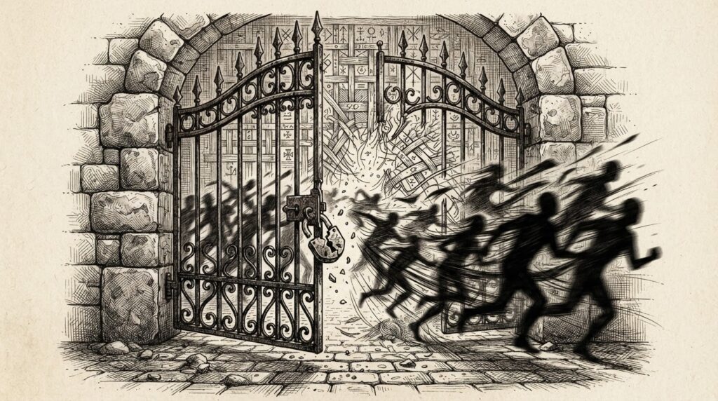 Pen-and-ink illustration of a broken authentication gate on a print management server with threat silhouettes streaming through the exposed framework