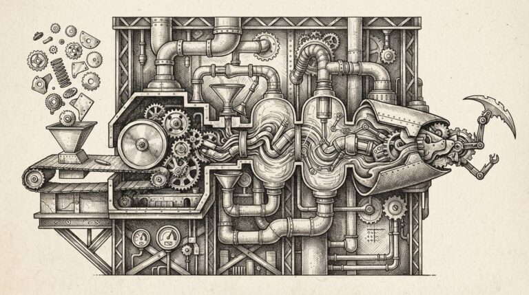 A steampunk assembly line in cross-section where loose parts enter one end and emerge as a mechanical creature with a blade at the other - allegory for automated vulnerability chaining