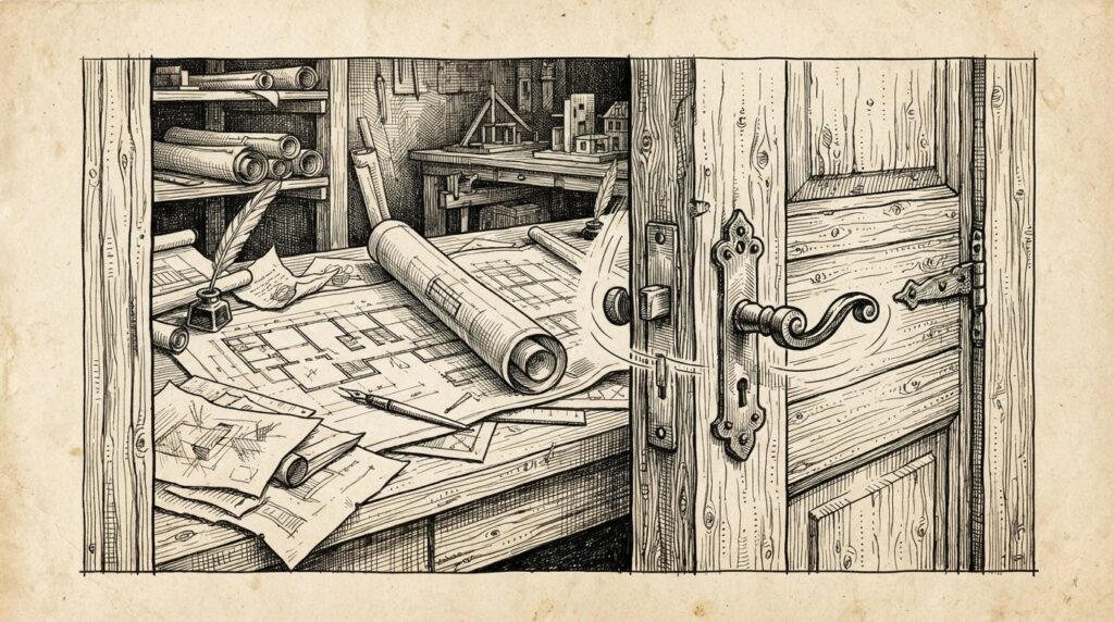 A pen-and-ink engraving of a heavy workshop door swinging shut while unfinished blueprints and regulatory documents remain on a worktable behind it, pens scattered and pages mid-turn. The door handle is still turning, suggesting departure before completion.