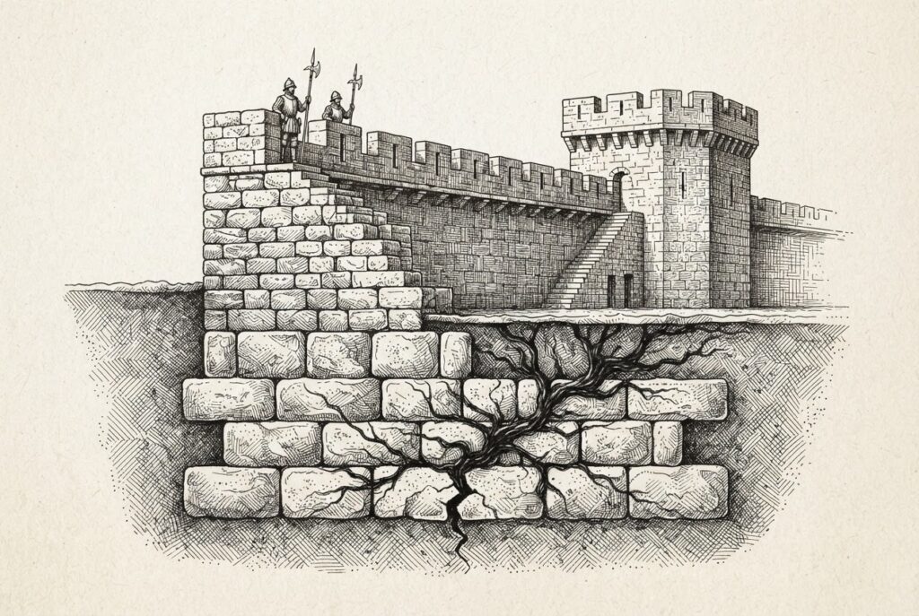A cross-section of stone foundations with a crack running through them, while fortified walls and guards stand above, unaware of the breach below — depicting firmware-level compromise where owning the lowest layer invalidates every defense above.