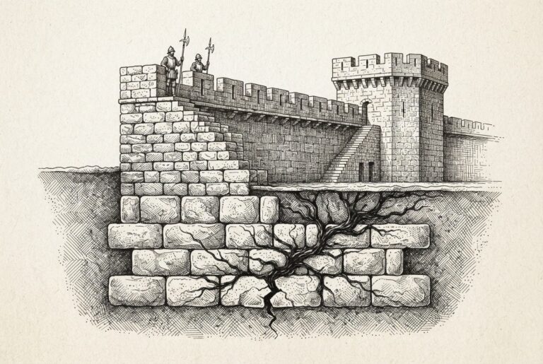 A cross-section of stone foundations with a crack running through them, while fortified walls and guards stand above, unaware of the breach below — depicting firmware-level compromise where owning the lowest layer invalidates every defense above.
