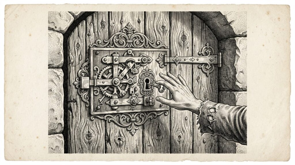 A ornate mechanical lock on a wooden door, but the lock mechanism is painted onto the surface rather than being a real functioning lock - the security mechanism looks secure but the verification step is missing.