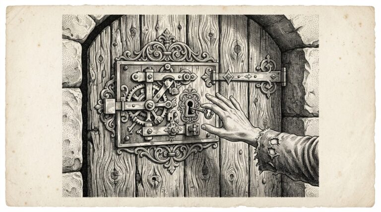 A ornate mechanical lock on a wooden door, but the lock mechanism is painted onto the surface rather than being a real functioning lock - the security mechanism looks secure but the verification step is missing.