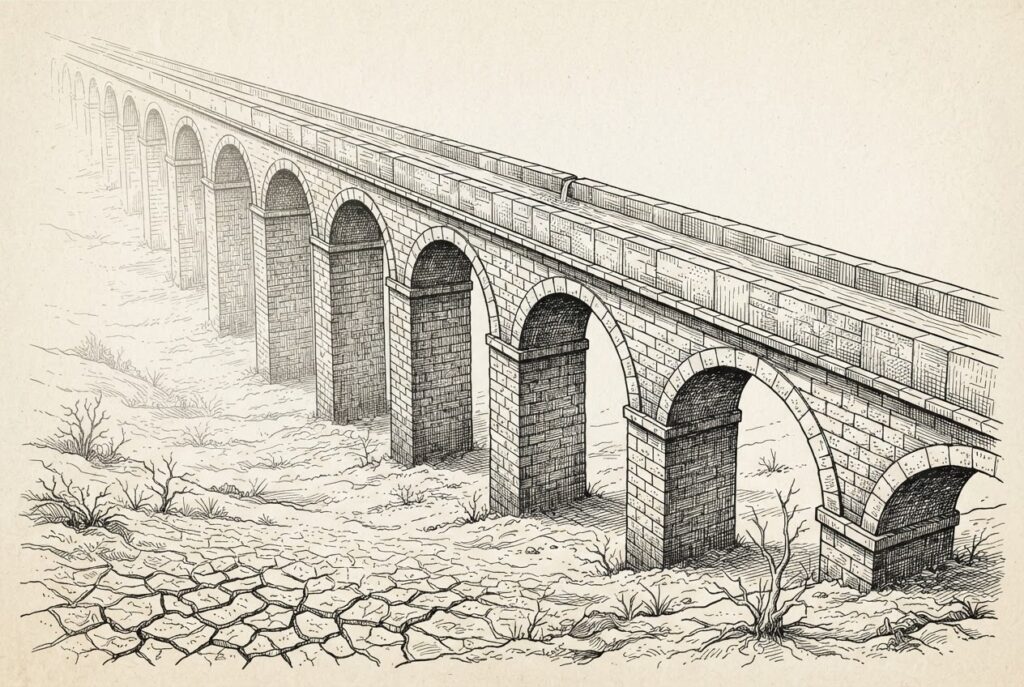 A vast stone aqueduct of Roman scale carries only a thin trickle of water above a dry cracked valley — the law is built but enforcement has barely begun.