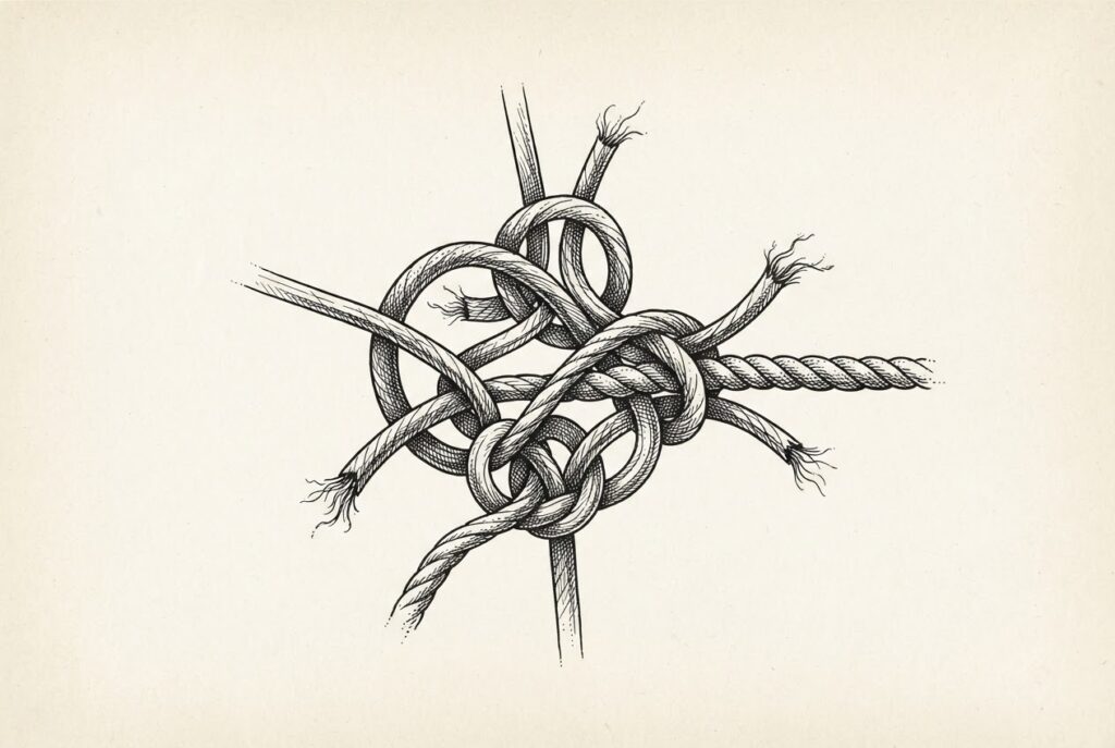 Multiple threads and cords attempt to weave into a single rope but pull in different directions, forming a tangled knot that refuses to converge. Monochrome pen-and-ink engraving on warm off-white aged paper. Conceptual illustration of competing regulatory forces that cannot be unified.
