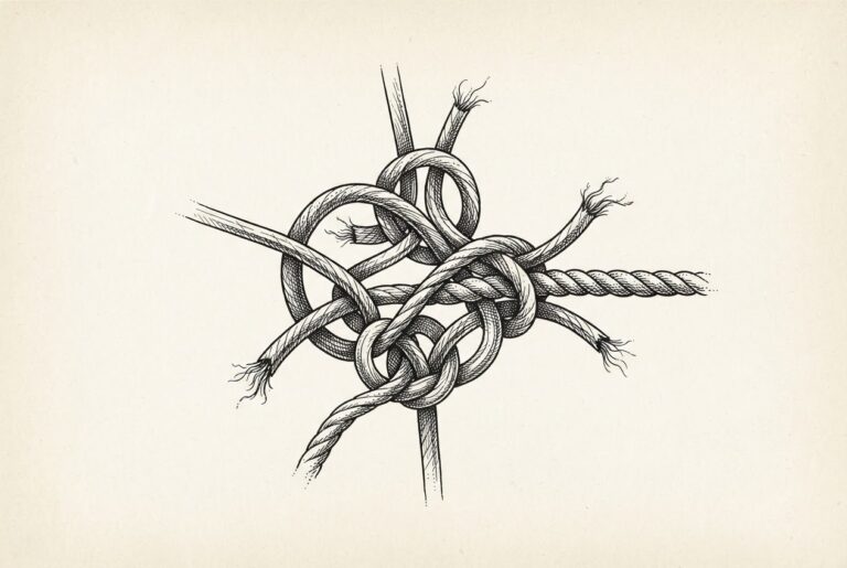 Multiple threads and cords attempt to weave into a single rope but pull in different directions, forming a tangled knot that refuses to converge. Monochrome pen-and-ink engraving on warm off-white aged paper. Conceptual illustration of competing regulatory forces that cannot be unified.