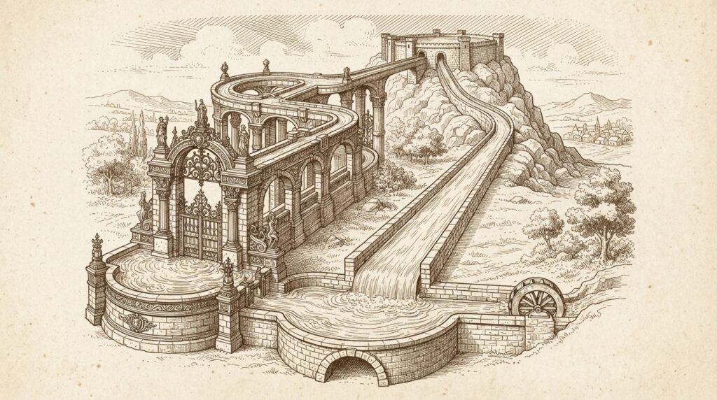 A sepia-toned engraving of two water channels: one plain and utilitarian, one ornate and classical, both delivering water to the same destination - representing commodity LPDDR5X achieving comparable inference results to premium HBM through clever engineering