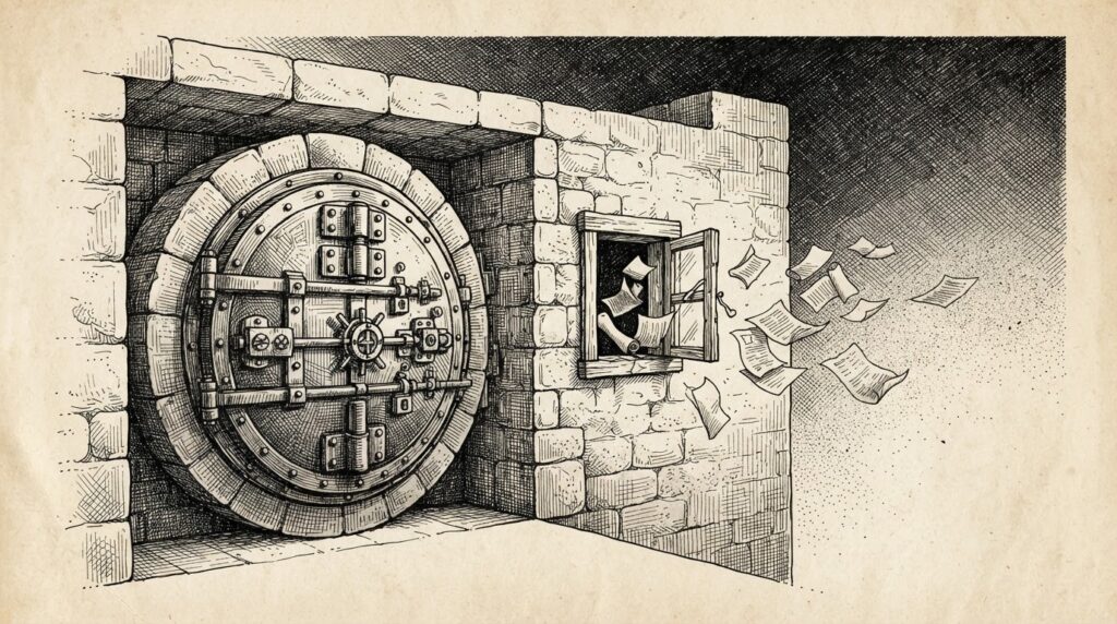 A cross-section of a fortress wall showing a heavily bolted vault door next to an open window through which documents drift outward, representing the gap between security controls and actual enforcement.