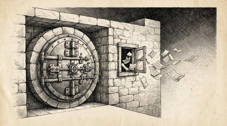 A cross-section of a fortress wall showing a heavily bolted vault door next to an open window through which documents drift outward, representing the gap between security controls and actual enforcement.