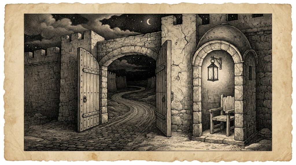 An empty stone sentry post at the entrance to a fortress, with the guard's chair vacant and the gate wide open. A single lantern burns unattended. Monochrome pen-and-ink engraving — the default-off auth as unprotected entrance.