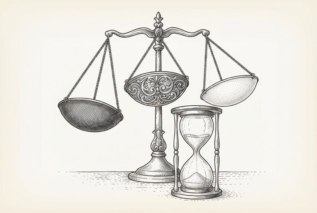 Three ornamental weighing pans with distinct decorative textures converging on a central fulcrum, with an hourglass running low - competing legislative mechanisms for AI liability
