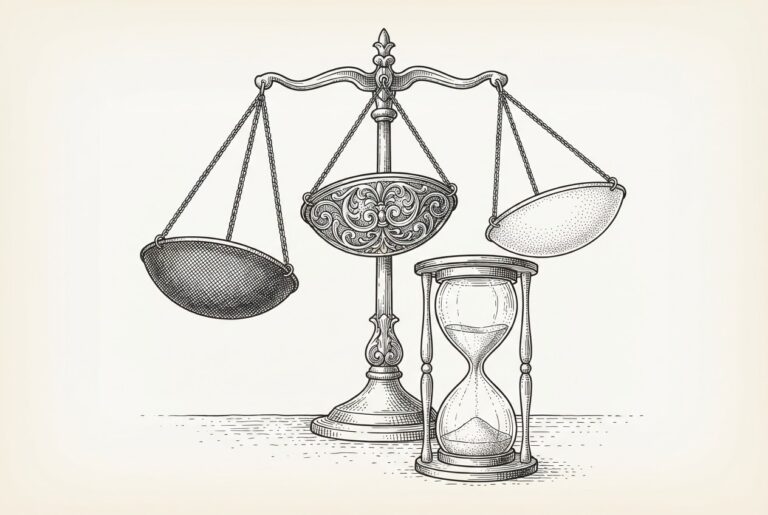 Three ornamental weighing pans with distinct decorative textures converging on a central fulcrum, with an hourglass running low - competing legislative mechanisms for AI liability
