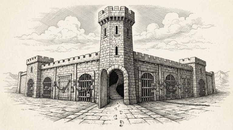 A tall watchtower rising from a wall of locked gates, with its own entrance left wide open - symbolizing the LFDT Proof-of-Control standard that makes agent governance verifiable through cryptographic evidence rather than vendor assertions.
