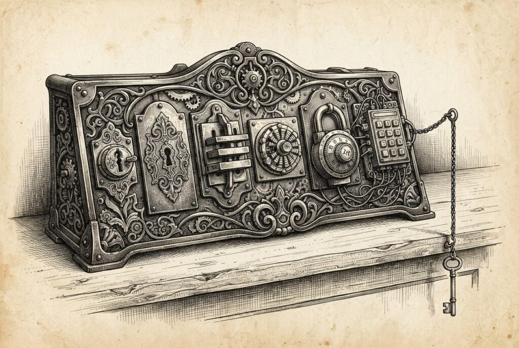 An ornate mechanical console bearing six distinct locking mechanisms, a single plain key hanging unable to fit any lock - protocol proliferation as barrier