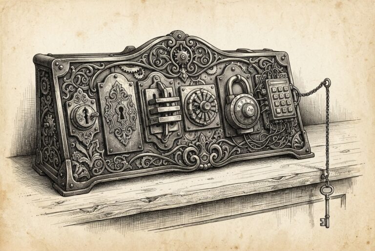 An ornate mechanical console bearing six distinct locking mechanisms, a single plain key hanging unable to fit any lock - protocol proliferation as barrier