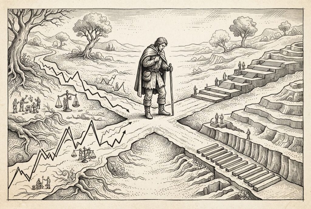 A traveler stands at a symbolic crossroads where two diverging paths converge — prediction market contracts and stock/bond trading meeting at the agent figure. Monochrome pen-and-ink engraving.