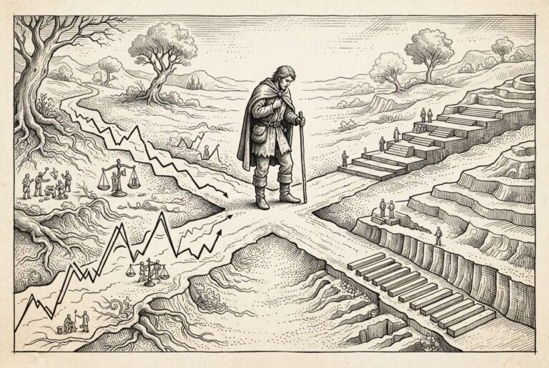 A traveler stands at a symbolic crossroads where two diverging paths converge — prediction market contracts and stock/bond trading meeting at the agent figure. Monochrome pen-and-ink engraving.