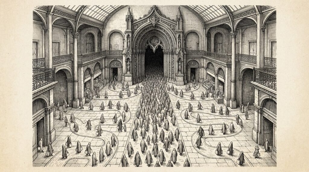 A vast marketplace hall seen from above, with hundreds of faceless figures walking in identical paths all converging toward a single massive doorway at the center, representing AI-assisted shopping funneling consumers toward platform dominance