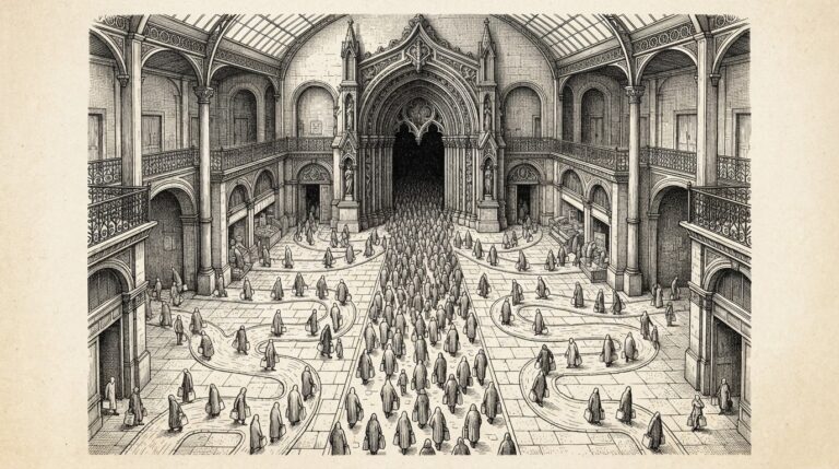 A vast marketplace hall seen from above, with hundreds of faceless figures walking in identical paths all converging toward a single massive doorway at the center, representing AI-assisted shopping funneling consumers toward platform dominance