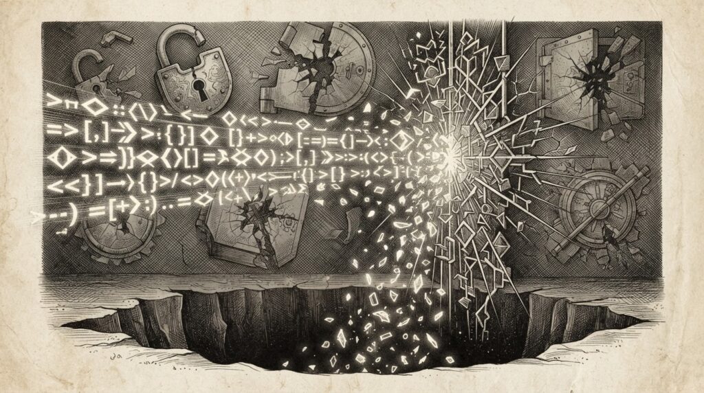 Glowing SQL query statement fragmenting mid-execution as it encounters a vector index, depicted as a luminous code string breaking apart into scattered database symbols drifting into a dark void representing the compromised database layer.