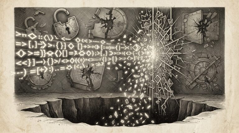 Glowing SQL query statement fragmenting mid-execution as it encounters a vector index, depicted as a luminous code string breaking apart into scattered database symbols drifting into a dark void representing the compromised database layer.