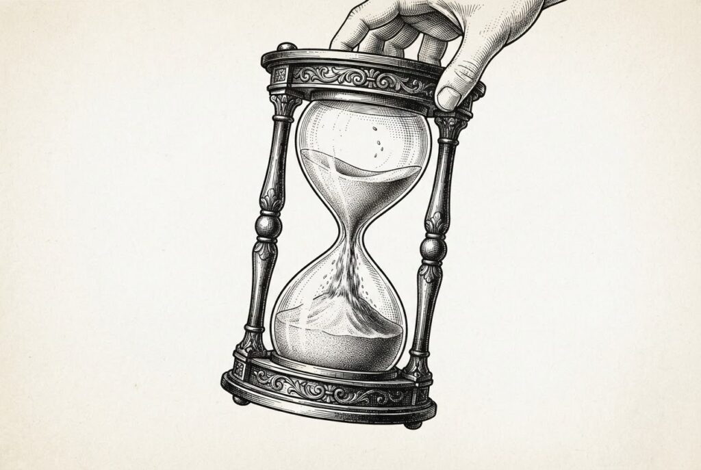 An ornate hourglass being flipped with sand flowing instantly - symbolizing RedStone Settle's Dutch auction mechanism collapsing T+3 settlement into T+0 liquidity for tokenized credit.