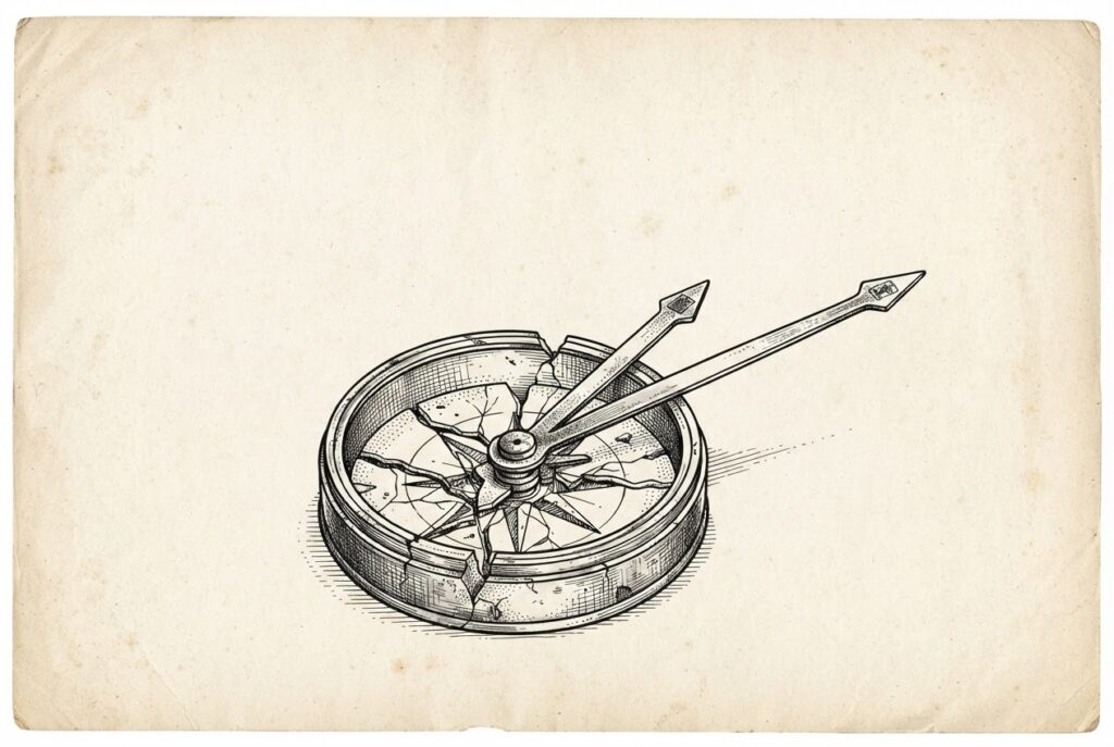A cracked antique brass compass with its needle arms extracted and all leaning in the same direction - three separate regulatory paths converging on one bearing